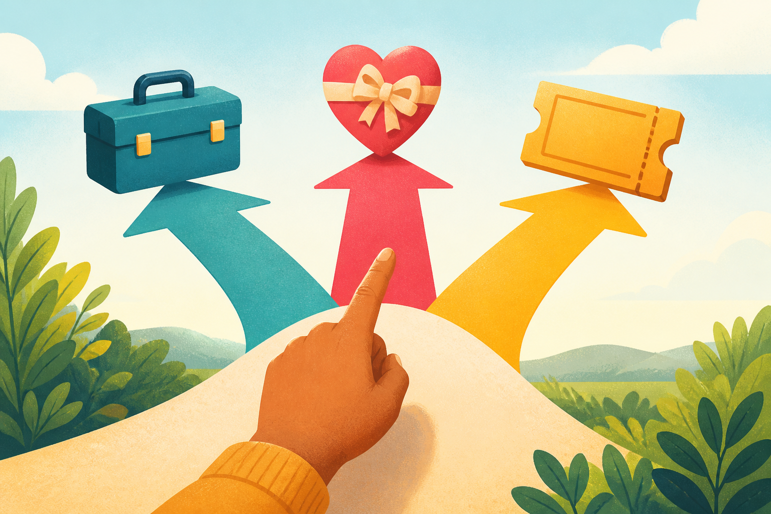 Hand pointing at one of three symbolic arrows representing practical, sentimental, and experience gift directions.