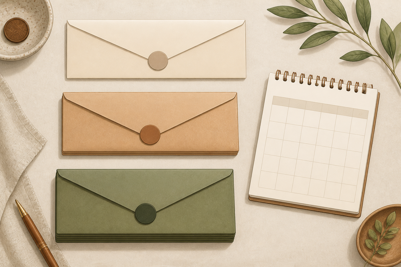 Three envelopes of varying thickness on a desk next to a small calendar, symbolizing budget tiers and timing.