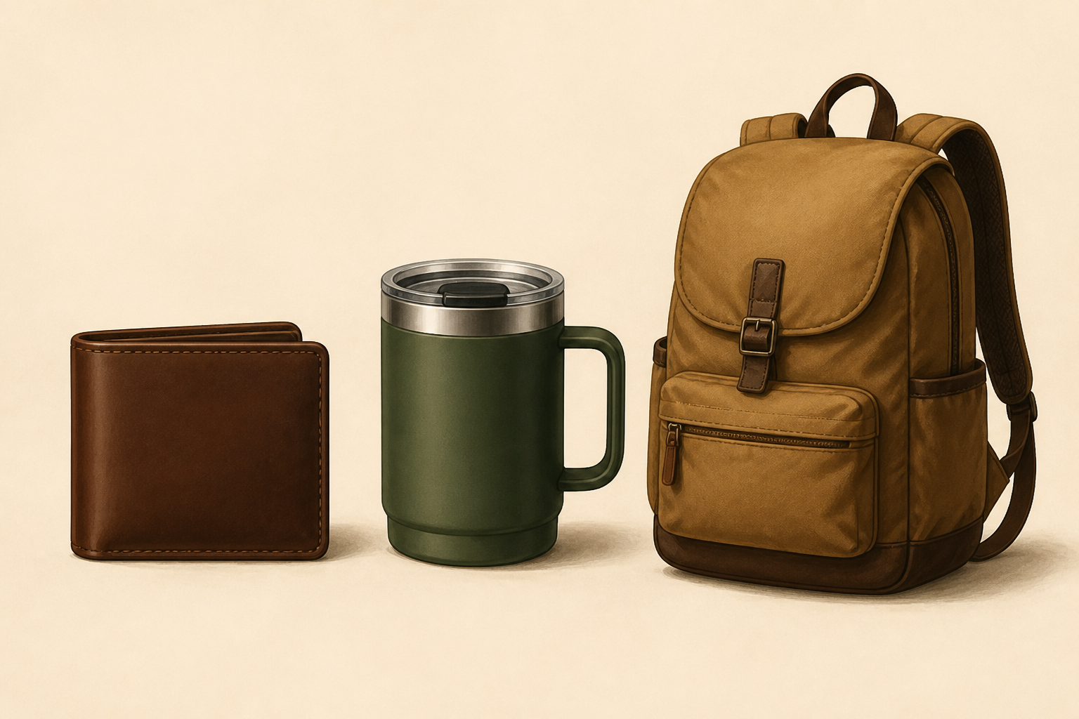 Three practical gift items laid out: wallet, insulated mug, and backpack.