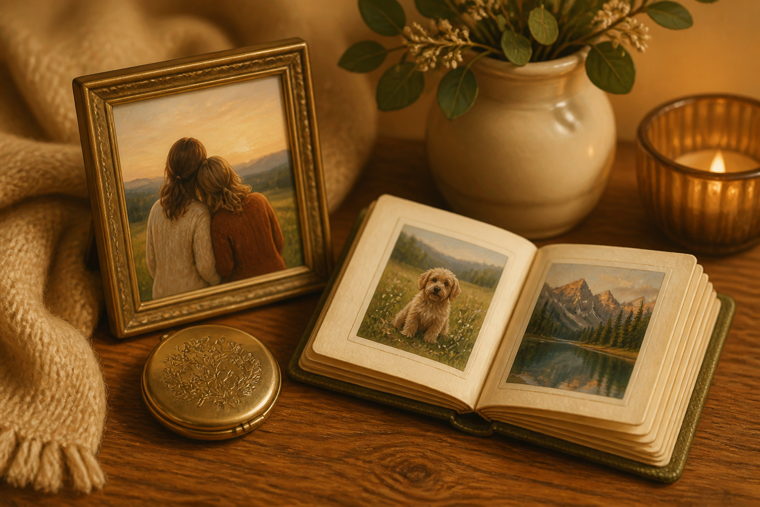 Framed photo, engraved token, and open photo book arranged together to suggest sentimental gifts.