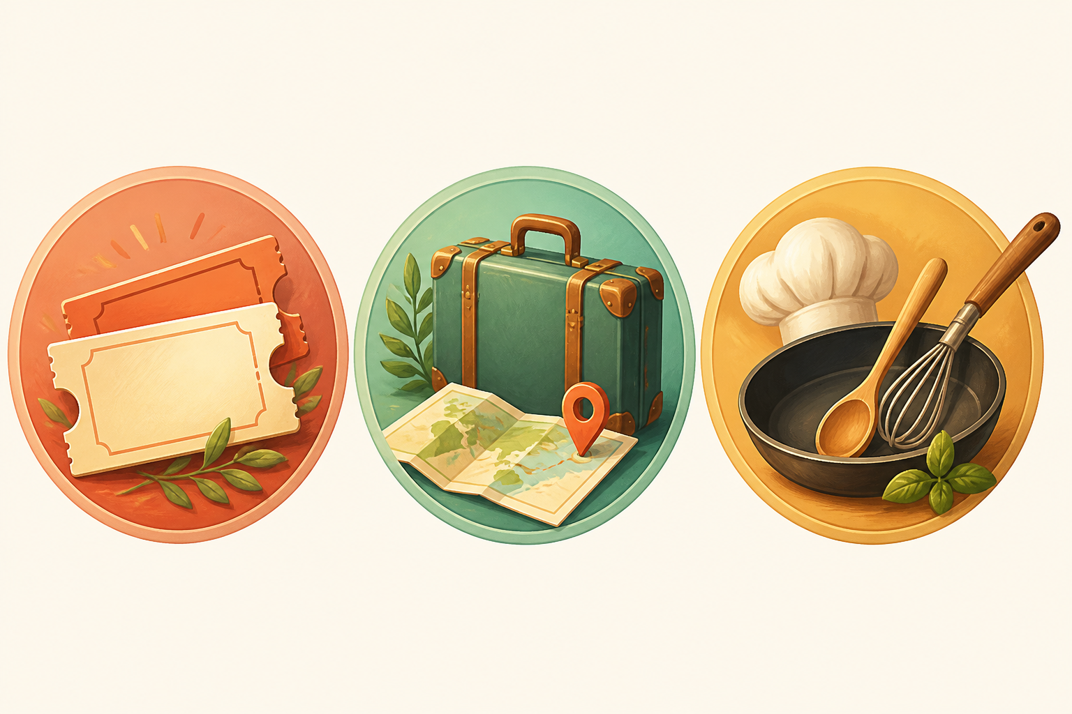 Event tickets, a small suitcase and map, and cooking utensils representing different experience gifts.