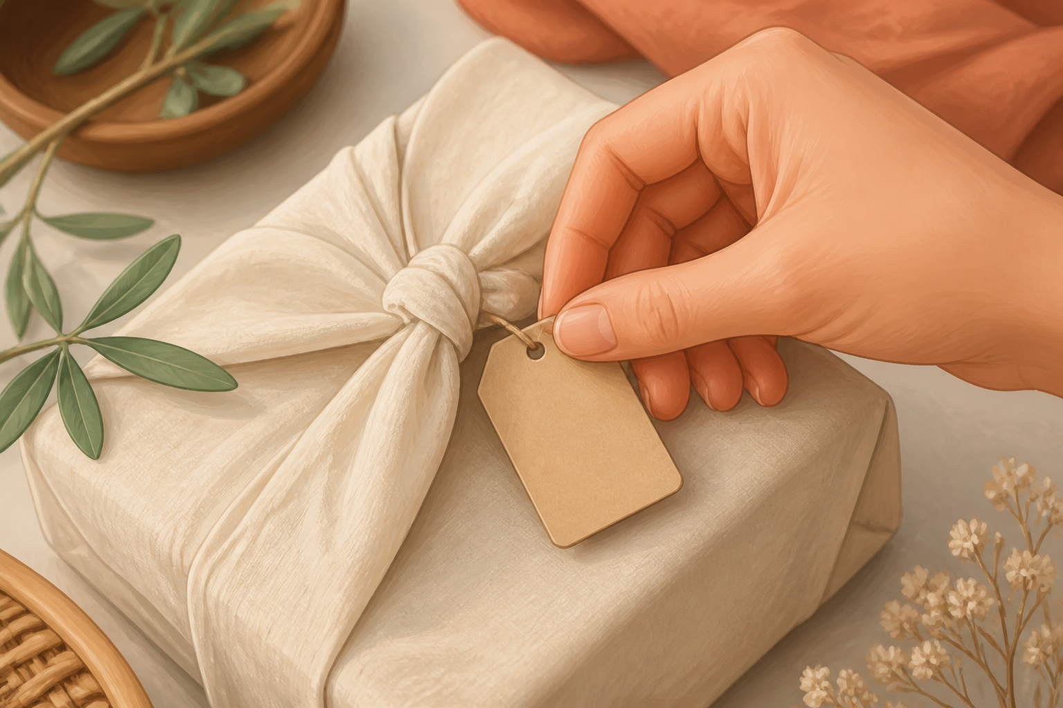Hand attaching a small tag to a wrapped gift, suggesting subtle personalization.