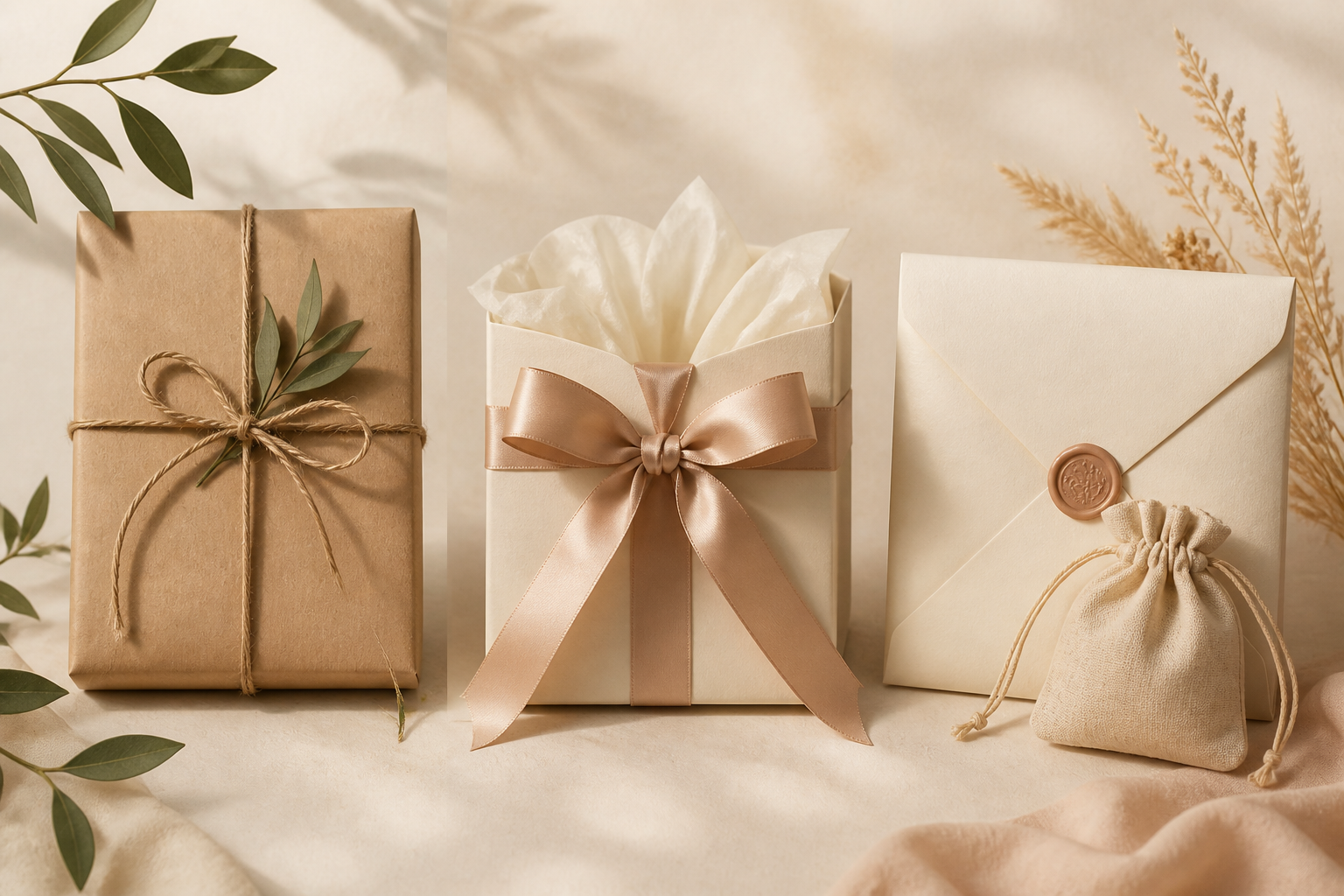Three differently wrapped packages illustrating practical, sentimental, and experience presentation styles.