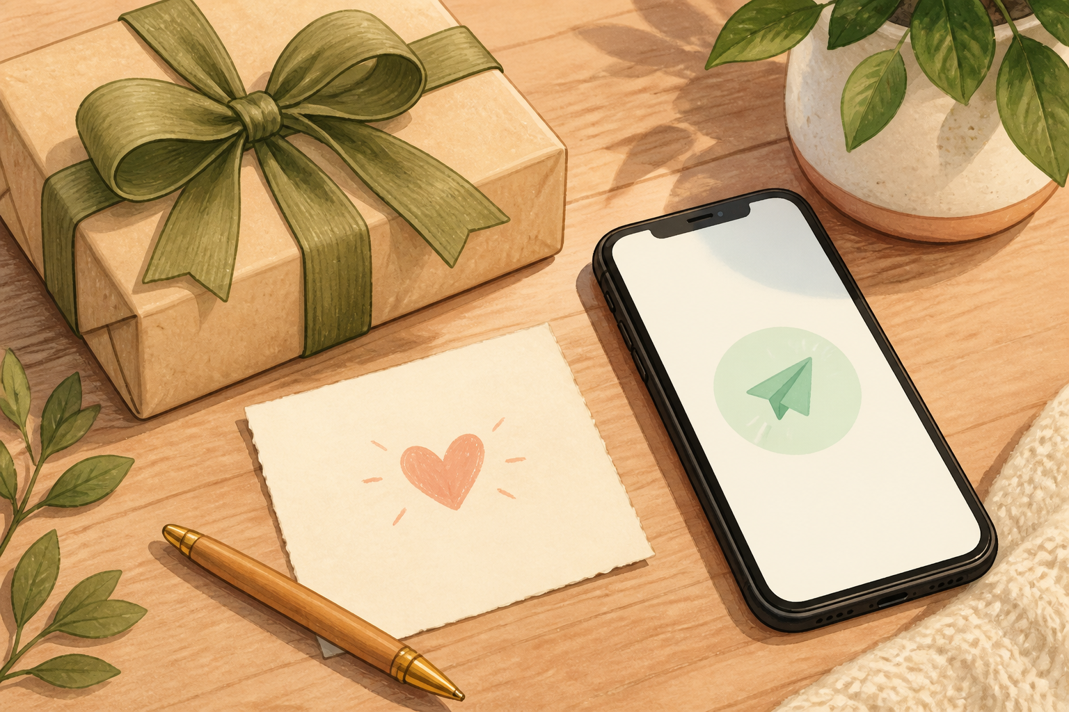 Handwritten note next to a wrapped gift and a phone with a sent-message icon, indicating delivery and communication.
