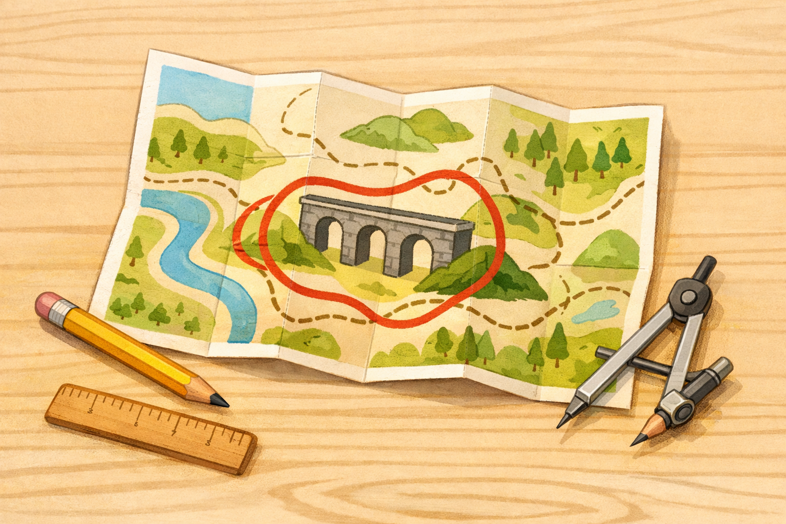 A paper walking map on a table with a looped route sketched around a stone viaduct, beside a pencil, ruler, and compass.