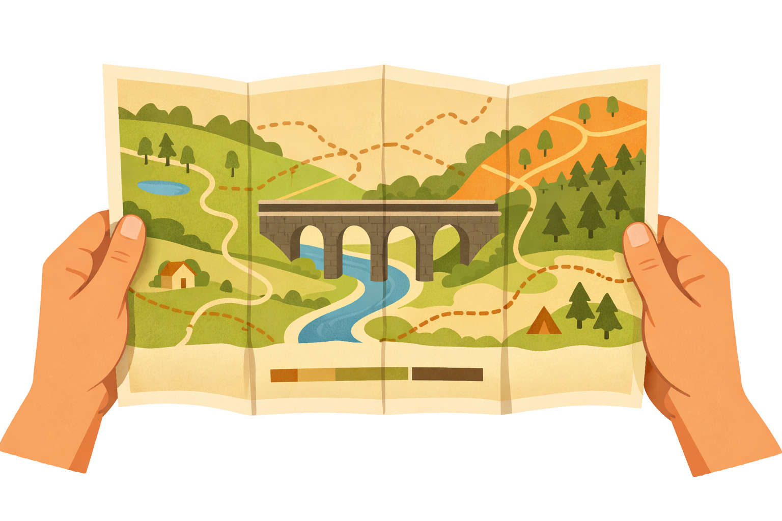 Hands unfold a paper map with countryside paths and a viaduct icon visible.