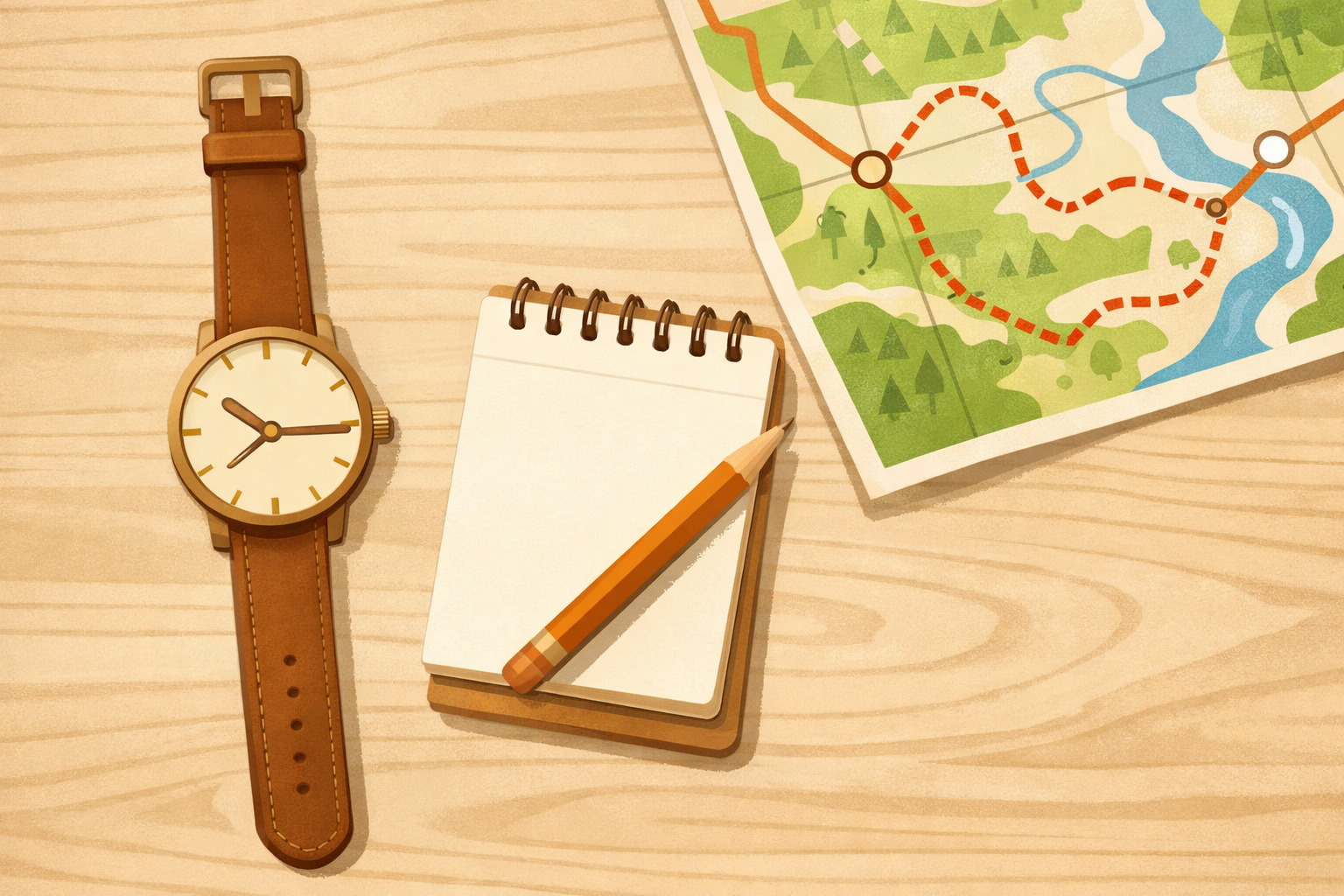 A watch and notepad beside a map used to estimate walking time.