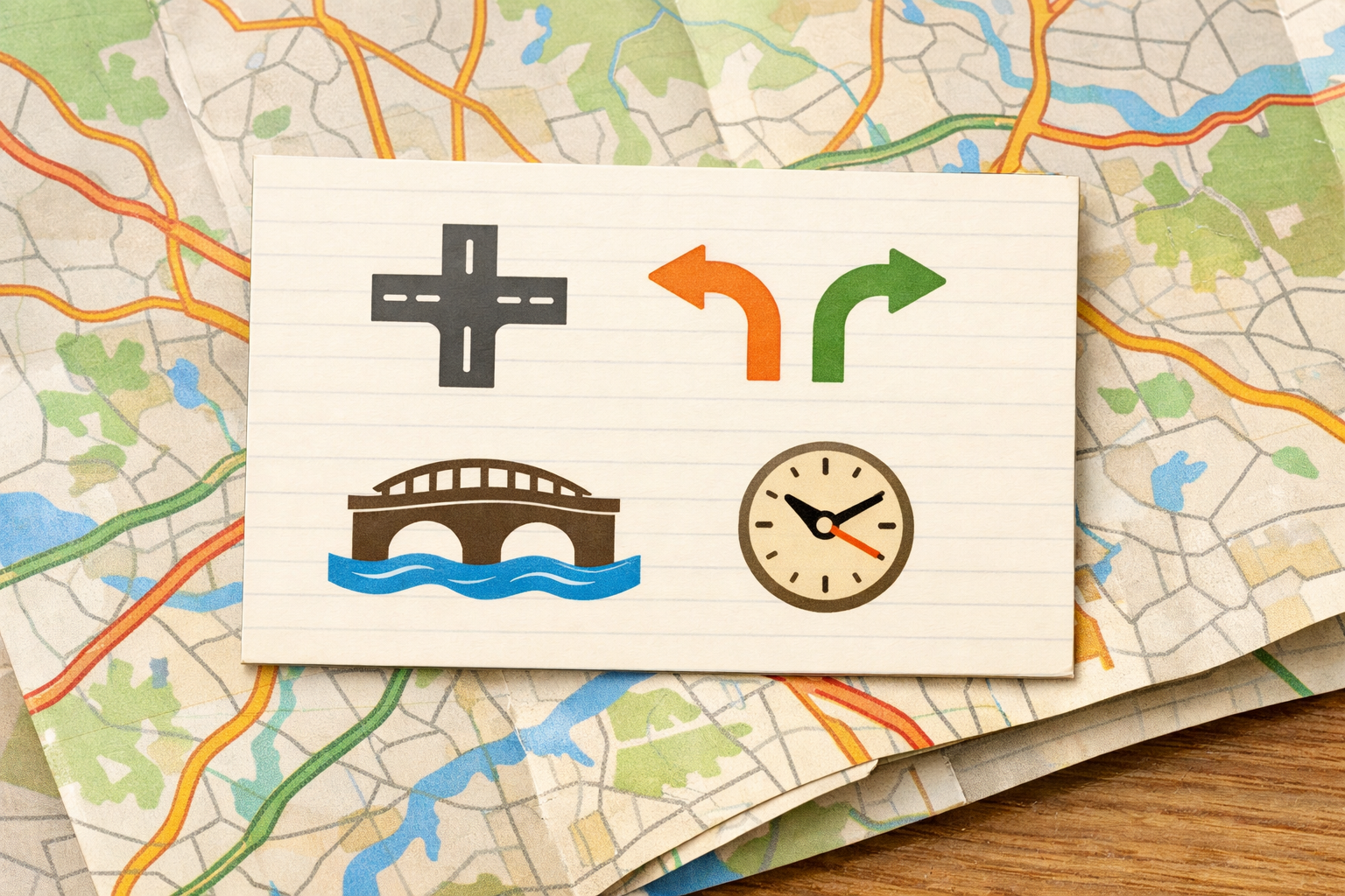 A compact route card with icons for turns, a bridge, and timing rests on a map.