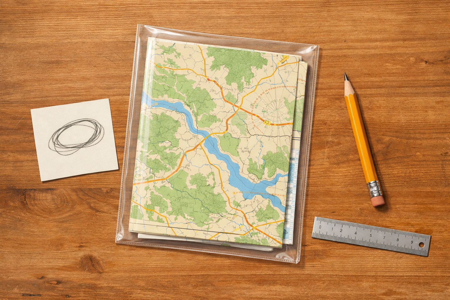 A clear sleeve containing a map, a simple loop sketch, a pencil, and a ruler.