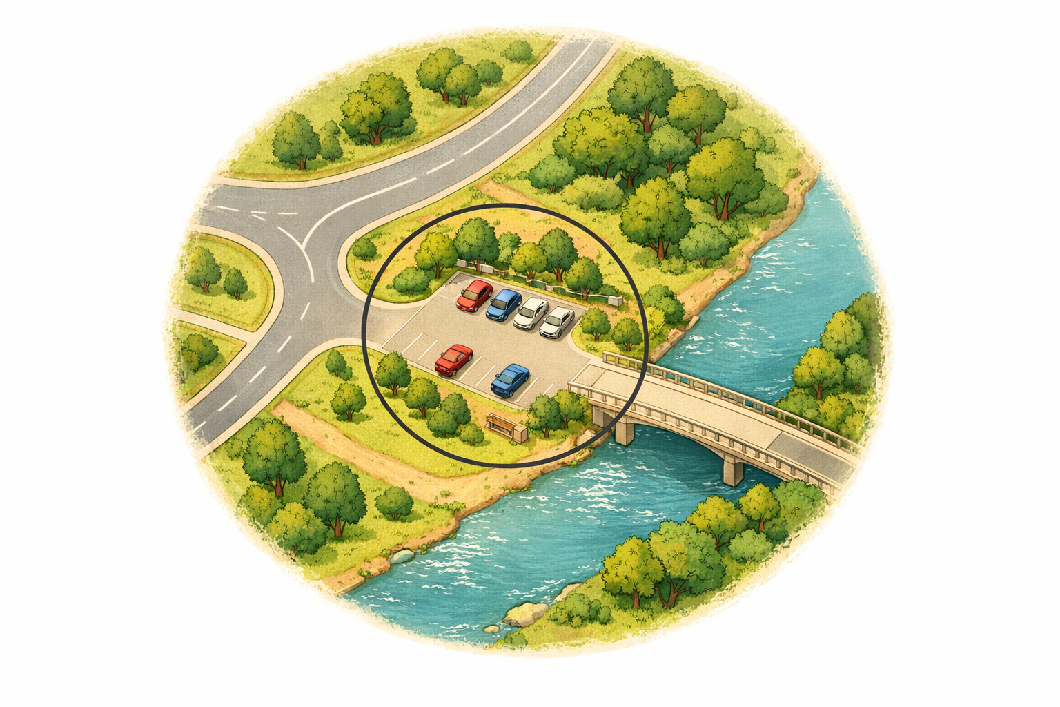 Small section of a map with a parking area circled near a bridge and road junction.
