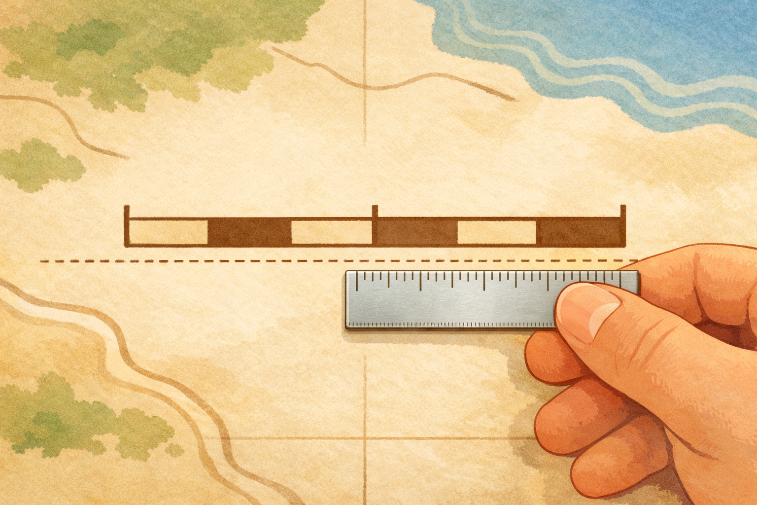 A small ruler lined up against a map’s scale bar to gauge distance.