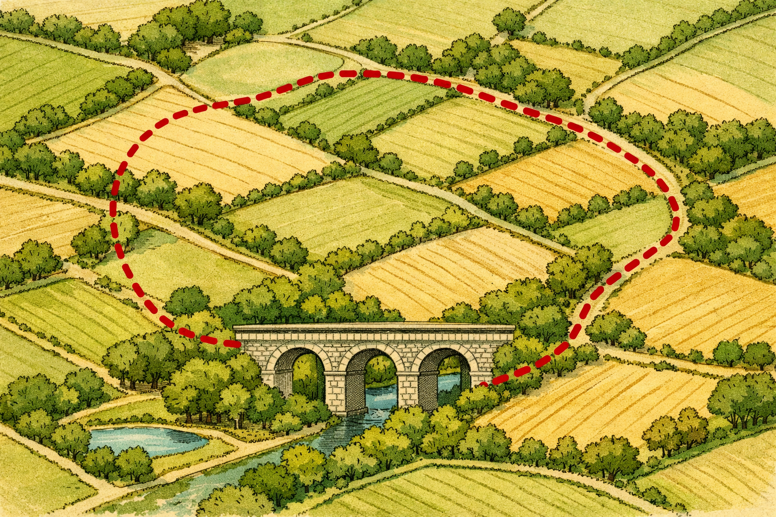 A looped route traced on paths around a viaduct icon on a country map.