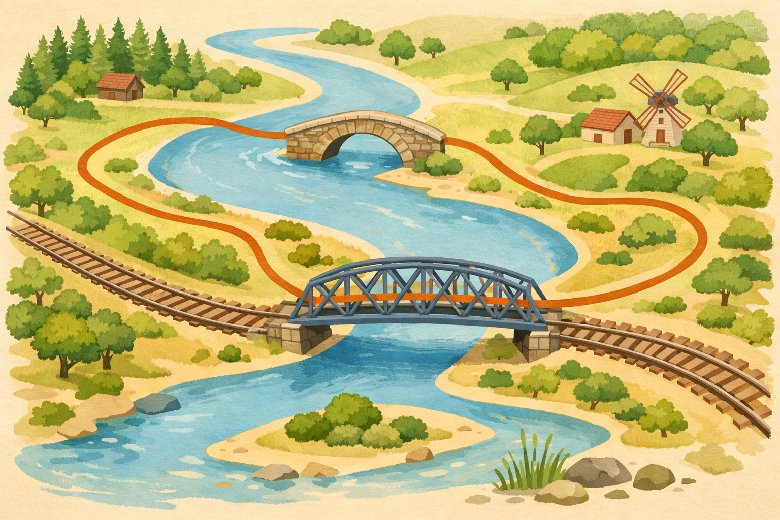 A walking route crossing a river and railway only at bridge points on a map.