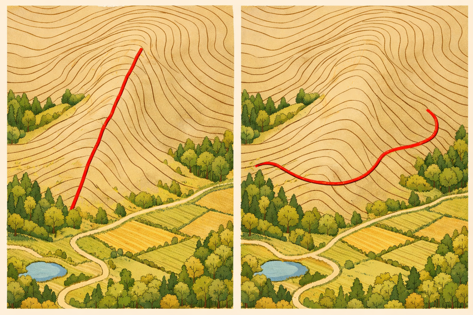 A route adjusted to follow gentler contour lines instead of a steep climb.