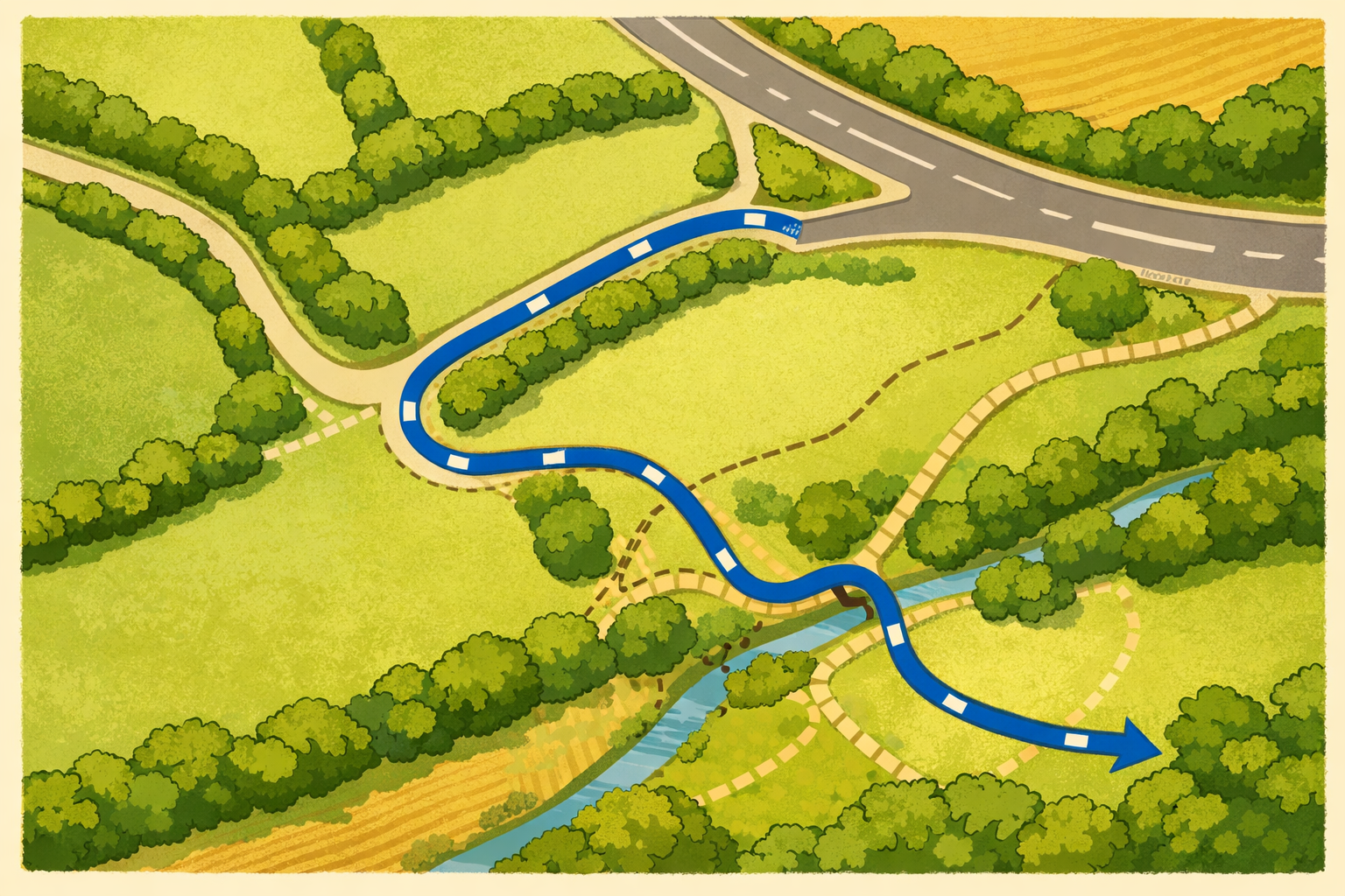 A walking route briefly uses a quiet lane before returning to footpaths.