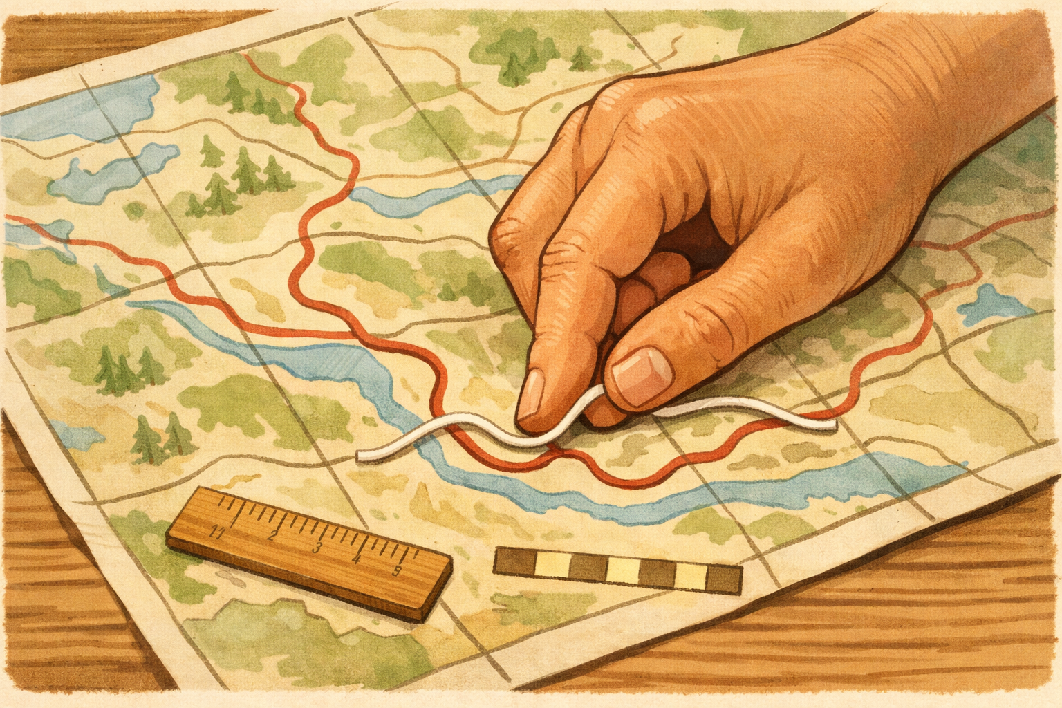 String laid along a looped route on a map to measure walking distance.
