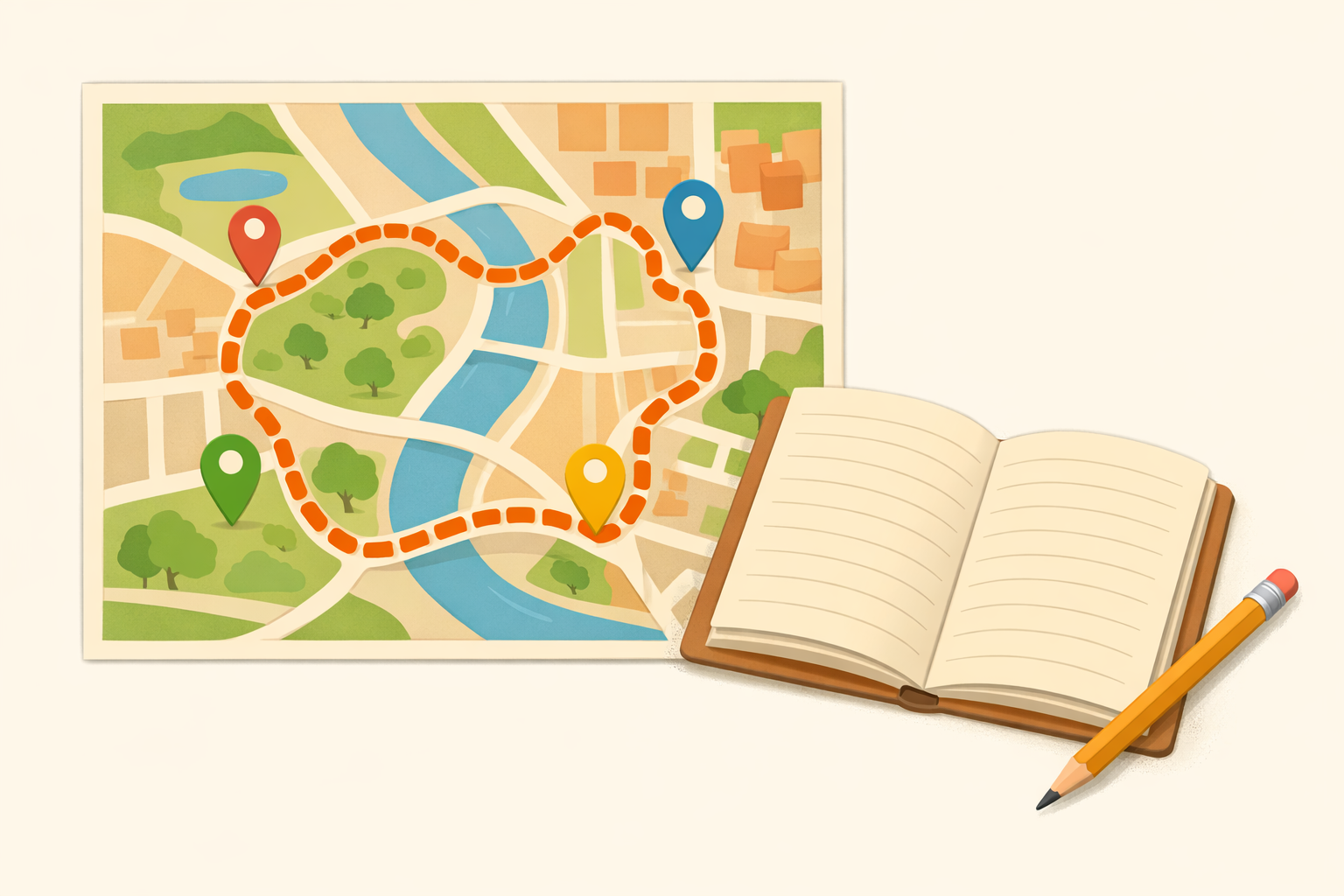 Simplified city map showing a walking loop with pins next to an open notebook and pencil.