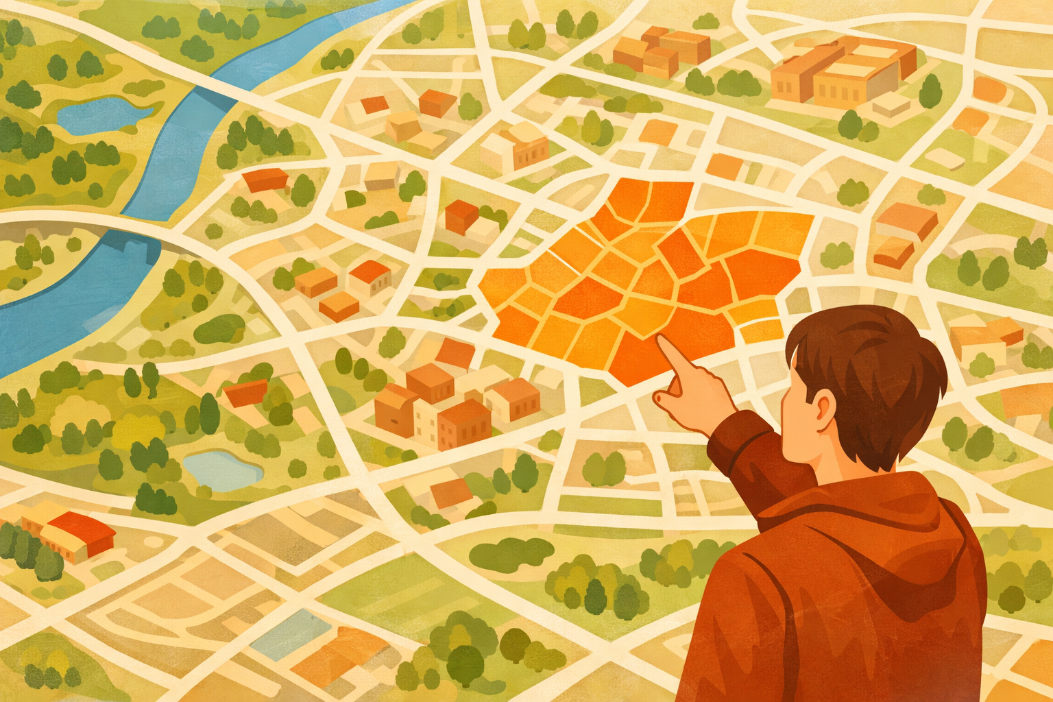 Person pointing to a highlighted neighborhood on a simplified city map.