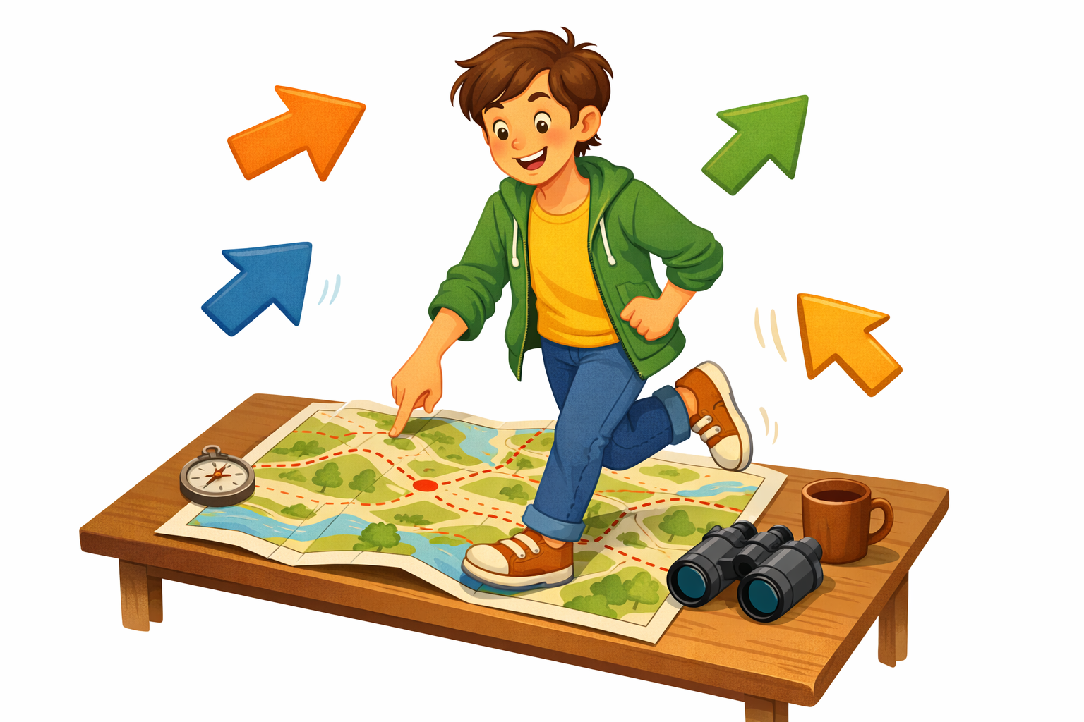 Person practicing turns while tracing a paper map with arrow icons nearby.