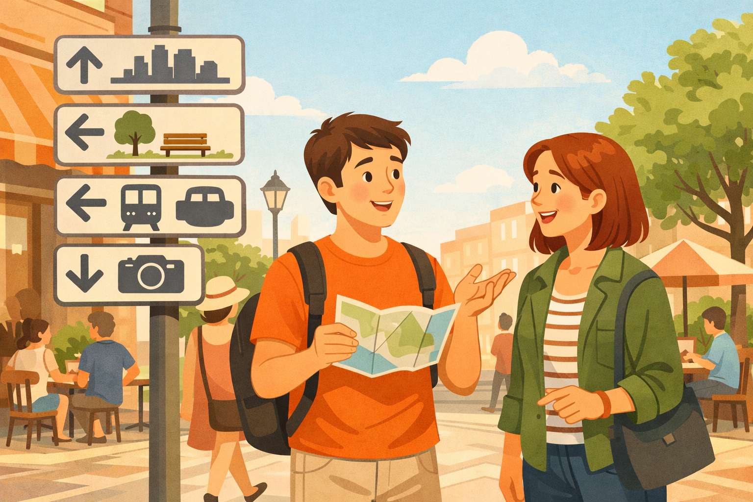 Walker with a map asking a passerby for directions near sign icons.
