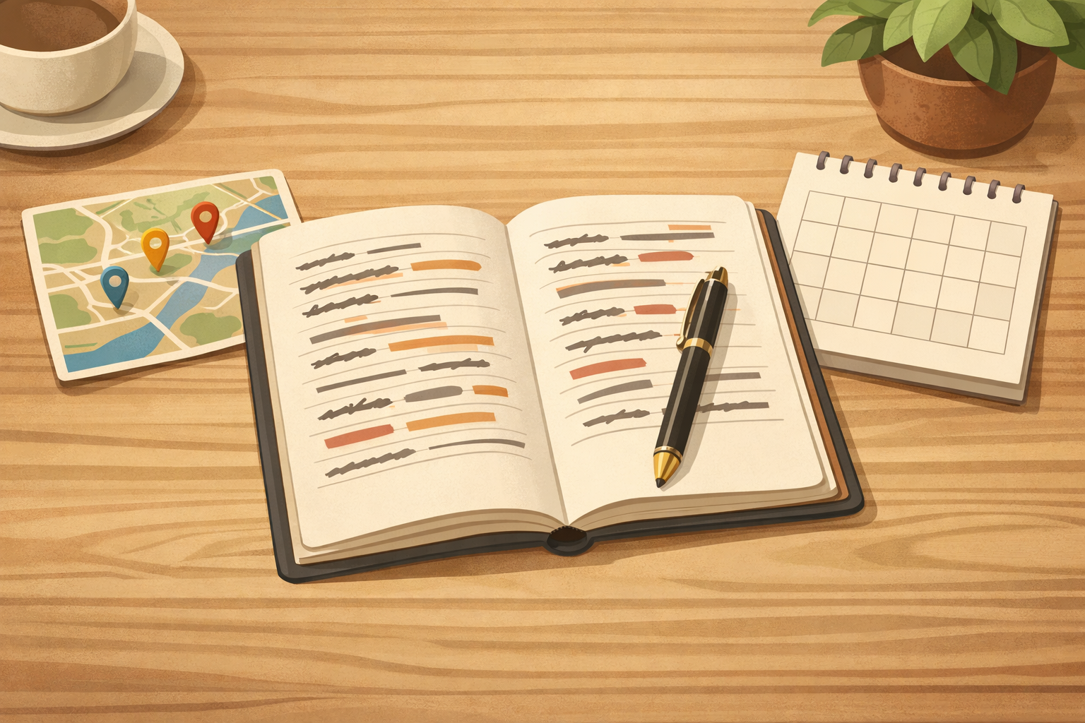 Notebook with edits beside a small pinned map and a calendar.