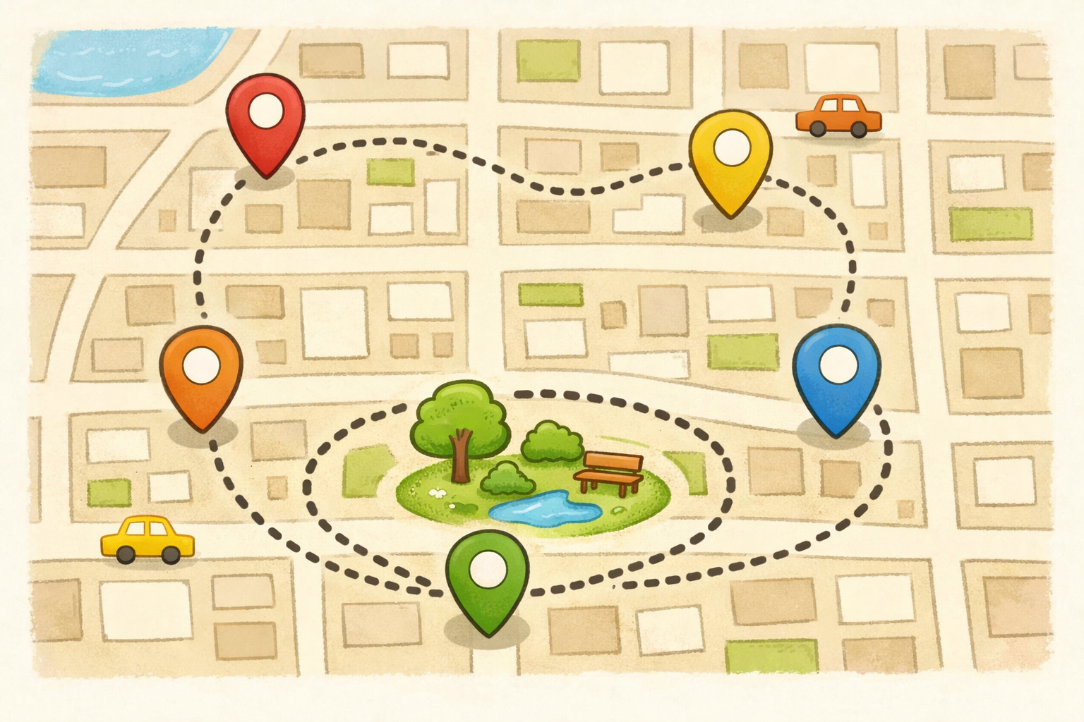 Loop path drawn on a simple map connecting a few pins and a park.