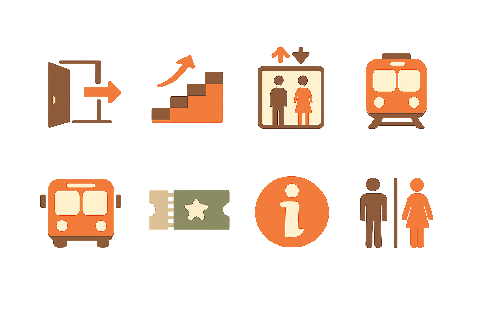 Collection of universal wayfinding icons like doors, stairs, train, bus, ticket, information, and restroom.