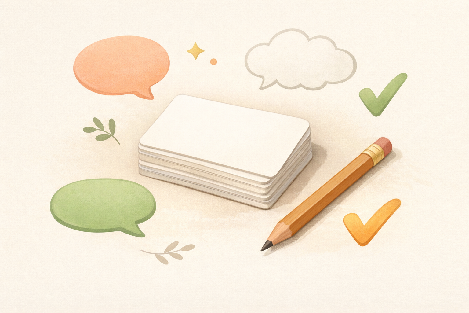 Pocket cards with a pencil and speech bubble icons indicating short phrases.