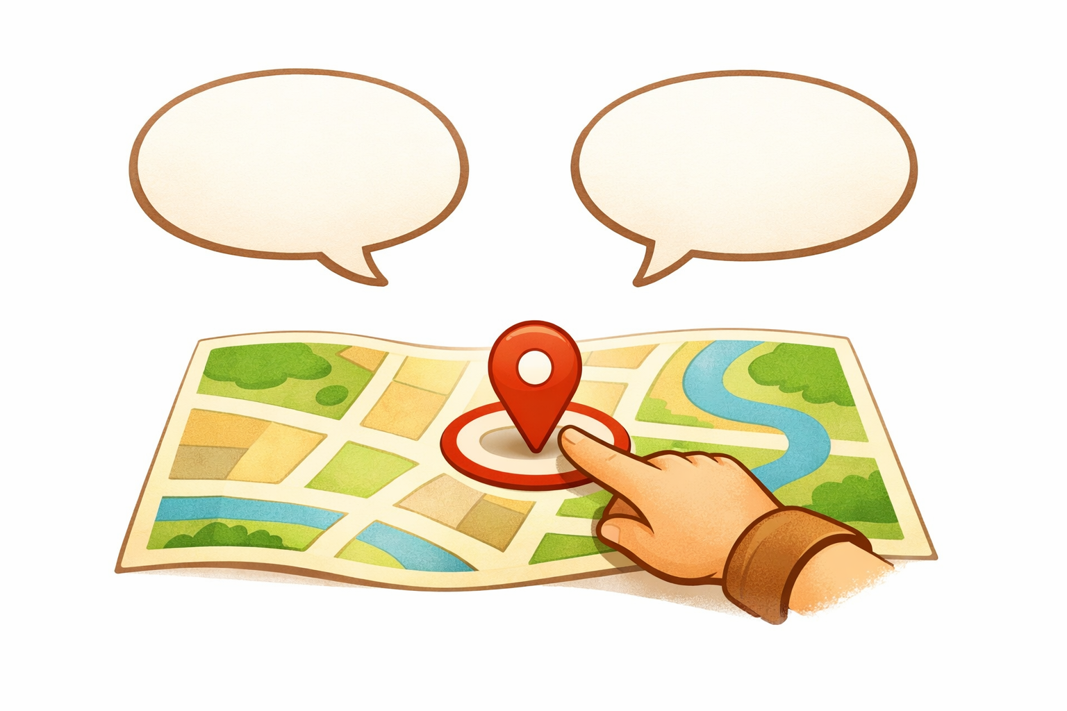 Two speech bubbles over a simple map with a pin and a pointing hand.