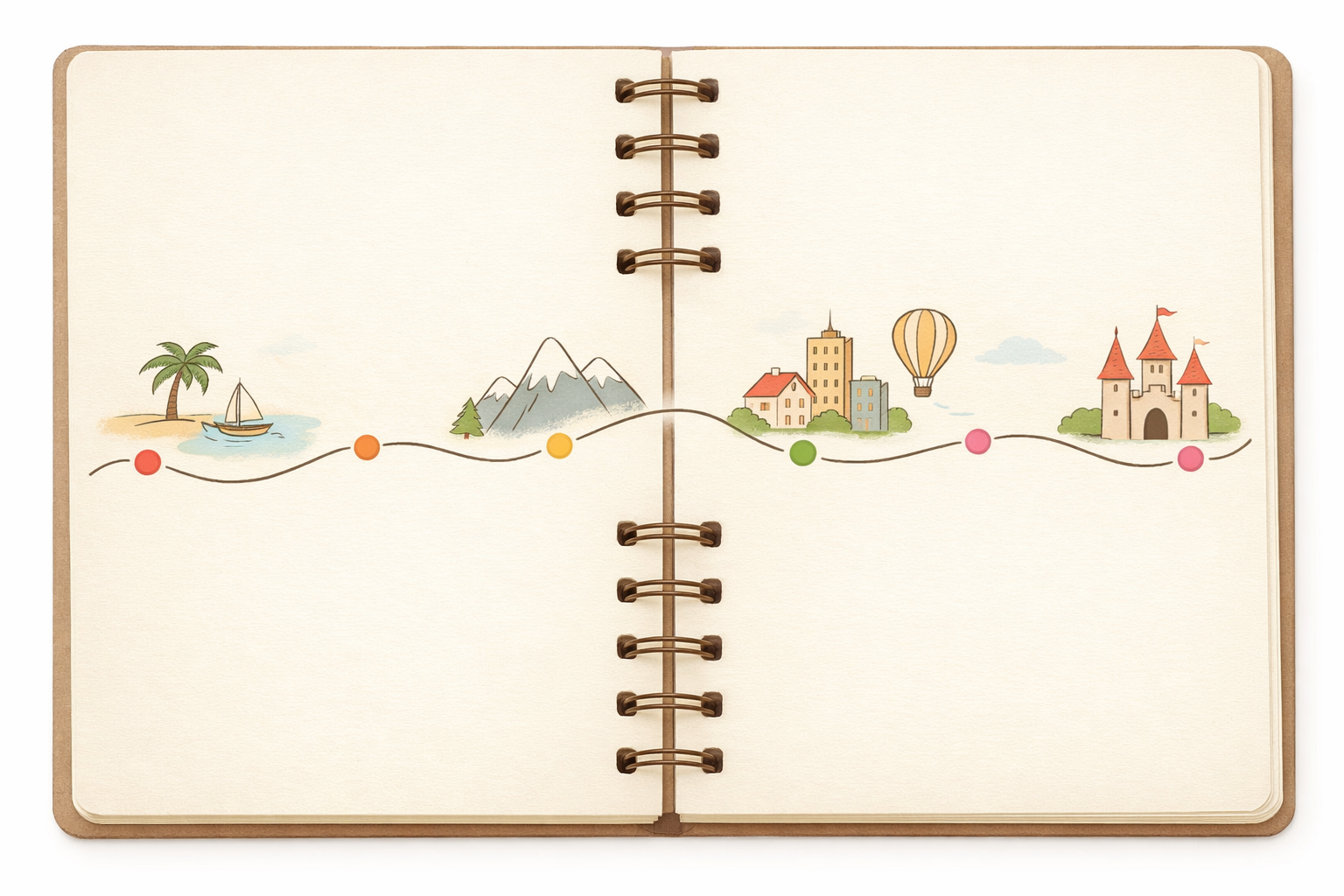 Notebook showing a simple timeline and route sketch with small landmark icons.