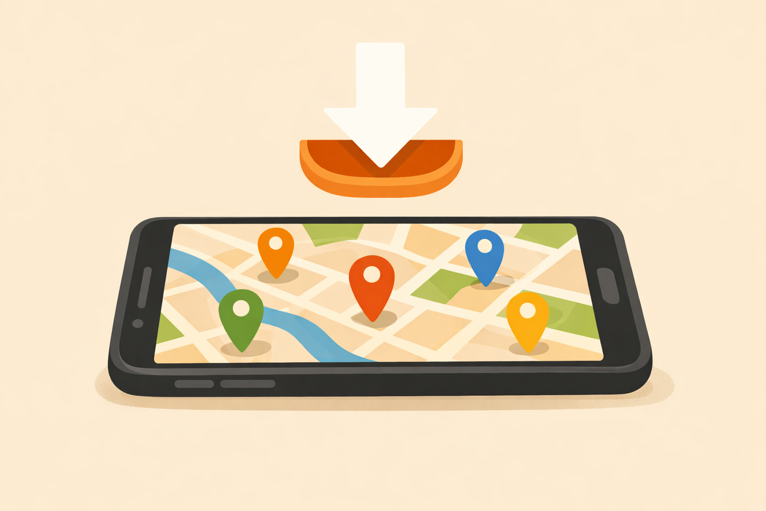 Phone screen showing a map with multiple pins and a download indicator.