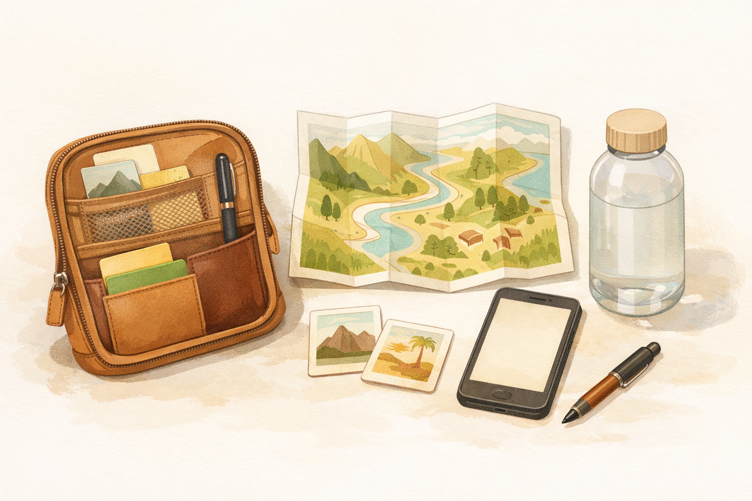 A pouch containing a folded map, cards, pen, phone, and water bottle.
