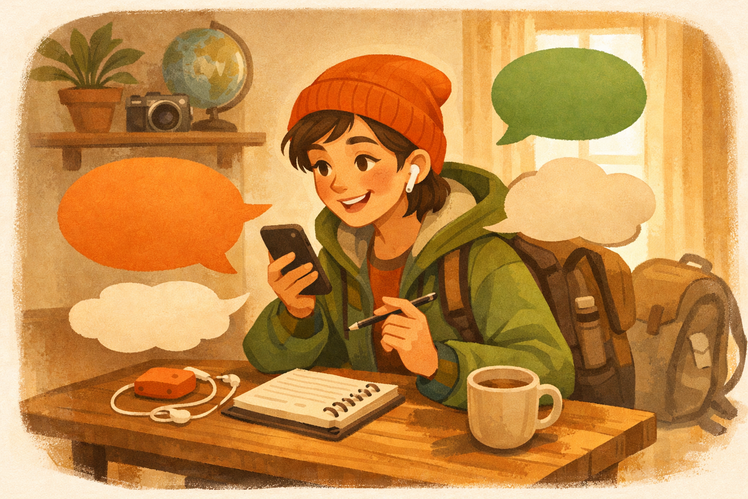 Traveler practicing phrases at a table with a phone and notepad, earbuds in, with abstract speech bubbles floating around.
