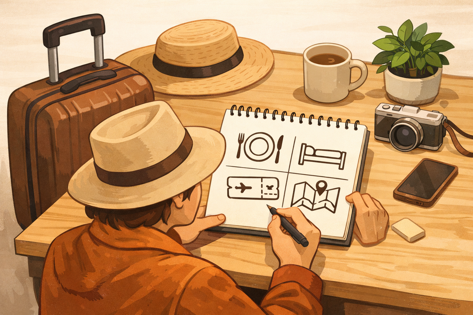 Traveler making a list with icons for food, lodging, tickets, and maps on a notepad beside a suitcase.