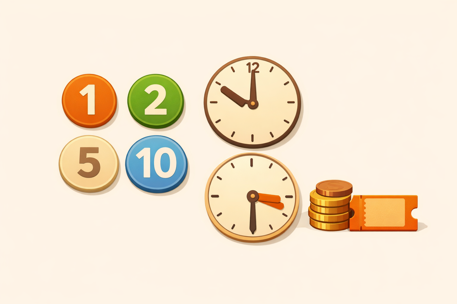 Numbers, clocks, a small stack of coins, and a ticket icon arranged together to show amounts and time practice.