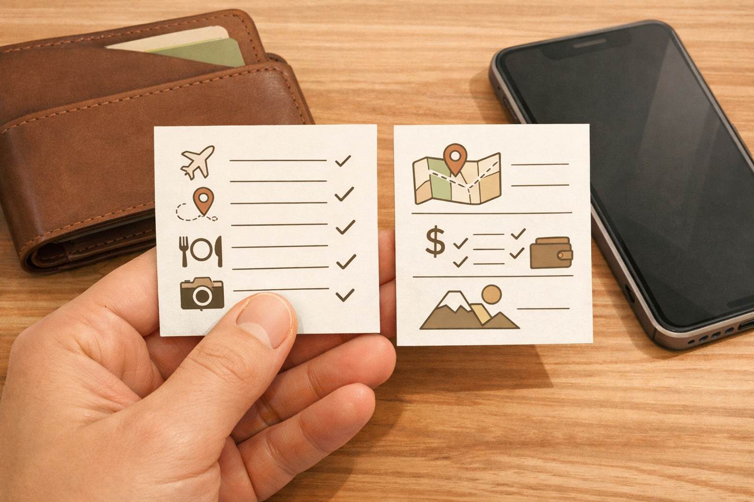 Hand holding a compact reference card next to a wallet and phone, suggesting portable phrase access.