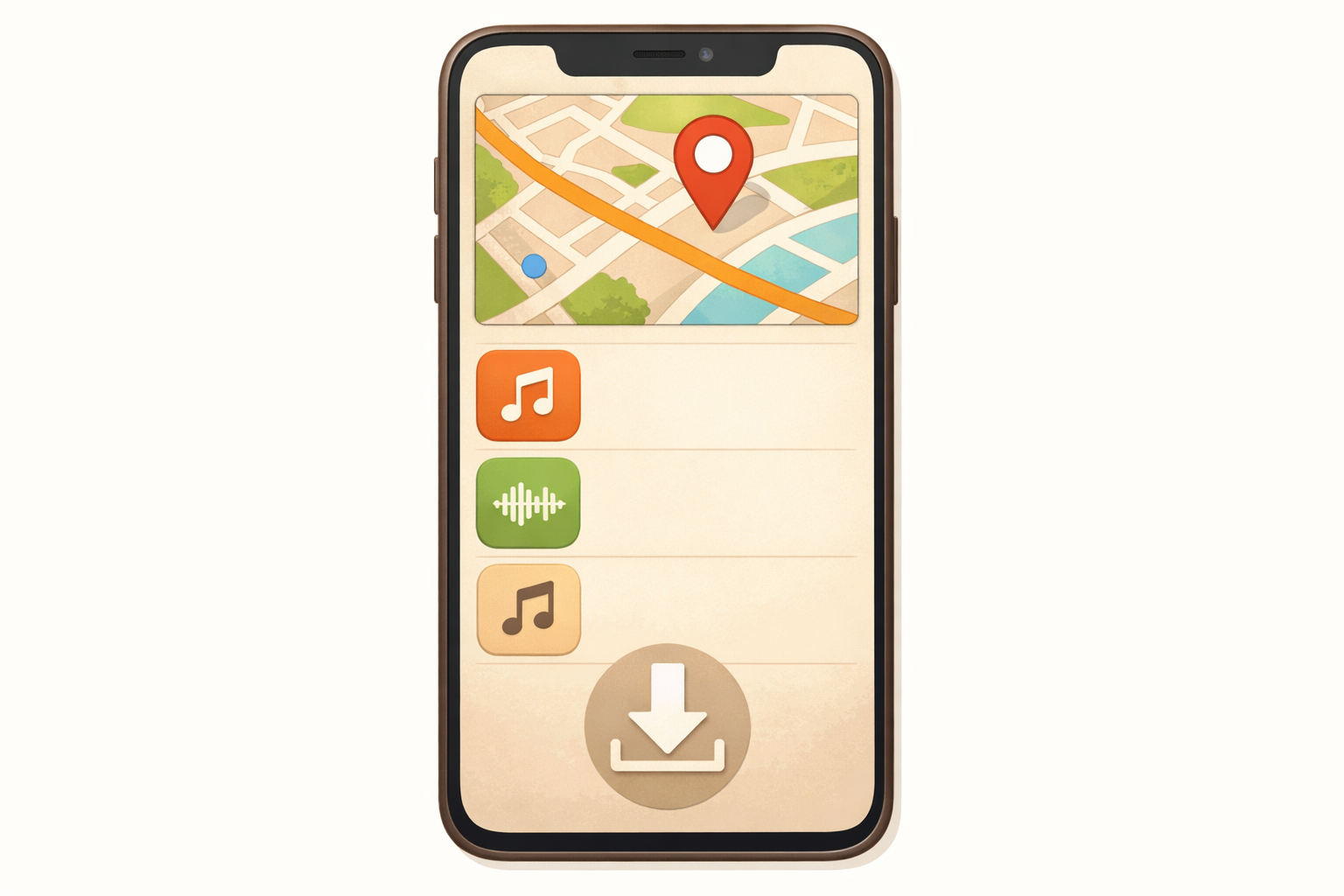 Smartphone displaying a map image and audio file icons to show offline preparation.