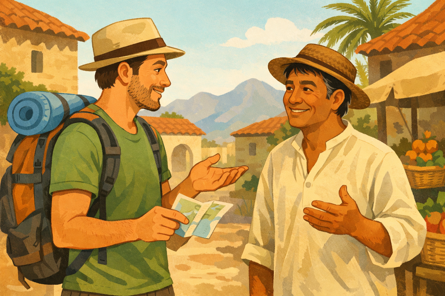 Traveler and local using a map and friendly gestures to work through a misunderstanding.