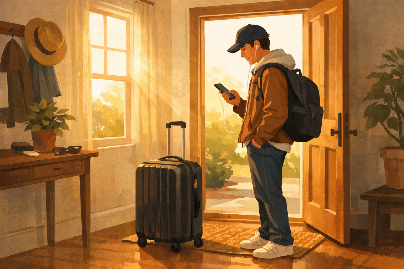 Traveler by the door with suitcase and earbuds, quickly practicing on a phone before leaving.