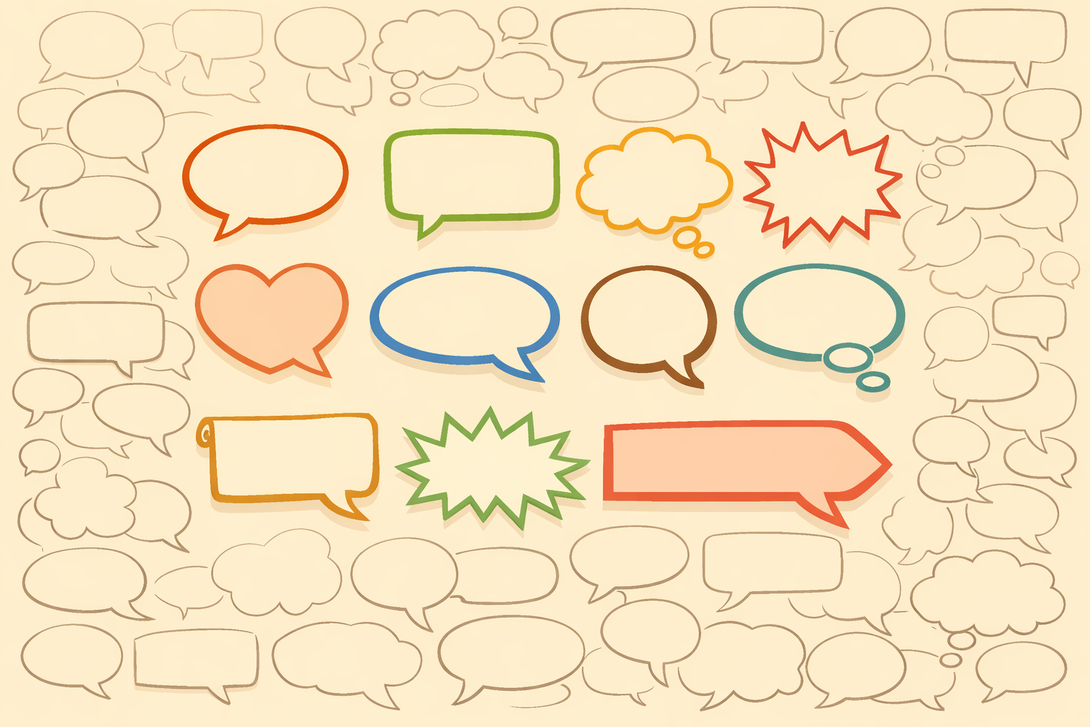 A highlighted set of ten speech bubbles in a grid to represent selected key phrases.