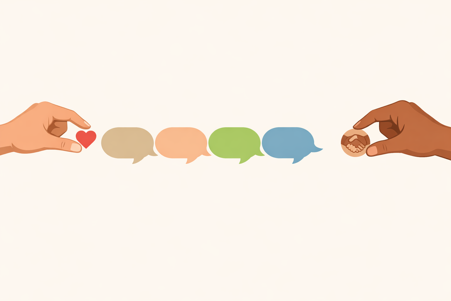 Hands adding friendly symbols at the beginning and end of a line of speech bubbles to suggest politeness.