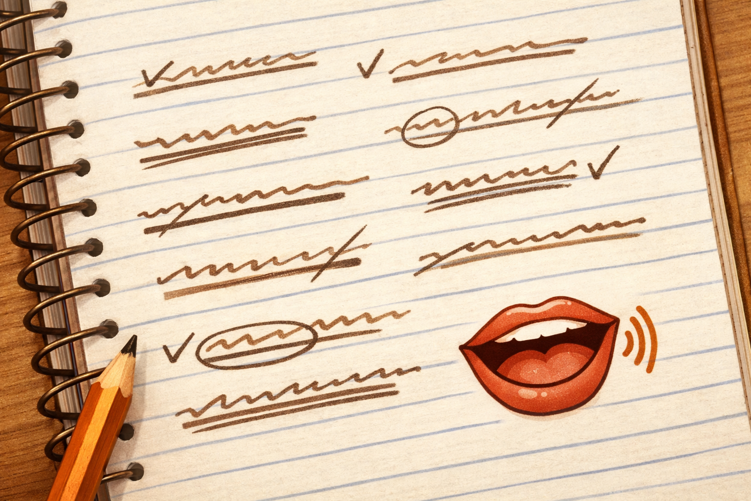 Notebook page with marked syllables and a small mouth icon to suggest pronunciation cues.