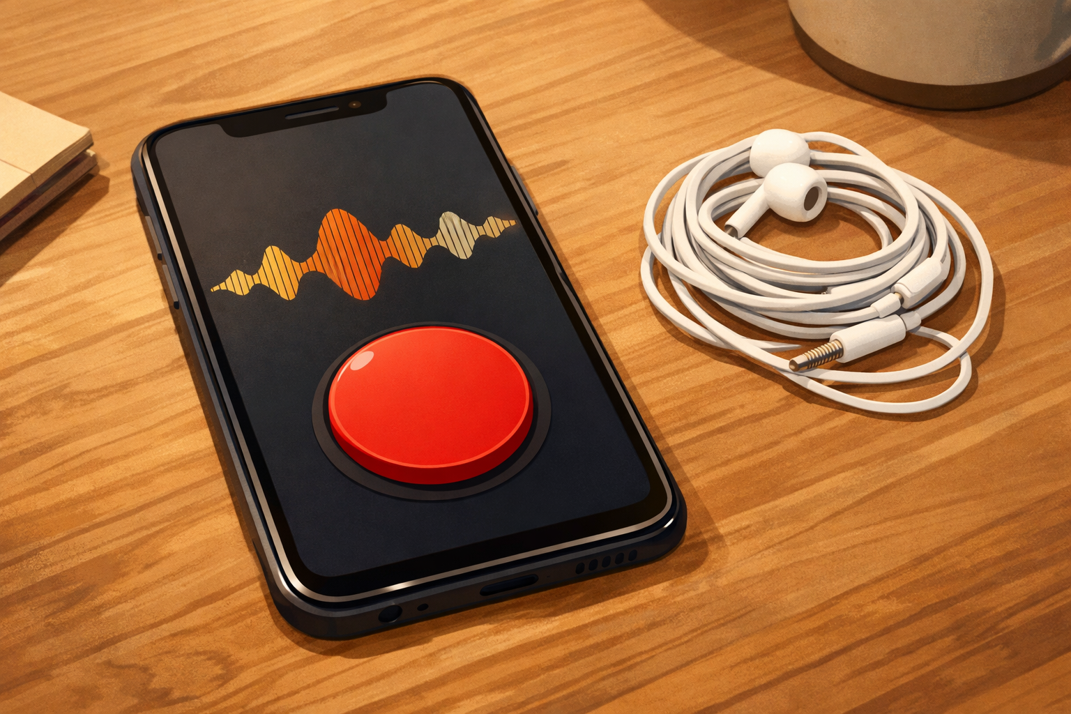 Phone showing a recording screen with a visible waveform and earbuds beside it.