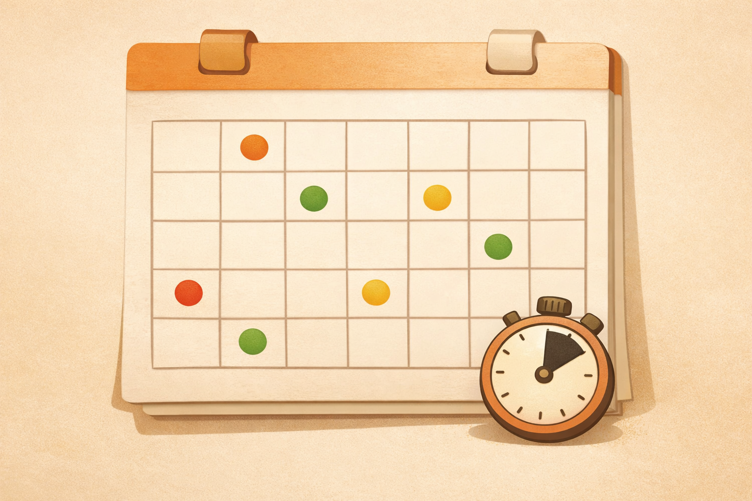 Calendar with spaced highlighted days and a tiny timer to suggest short, scheduled practice.