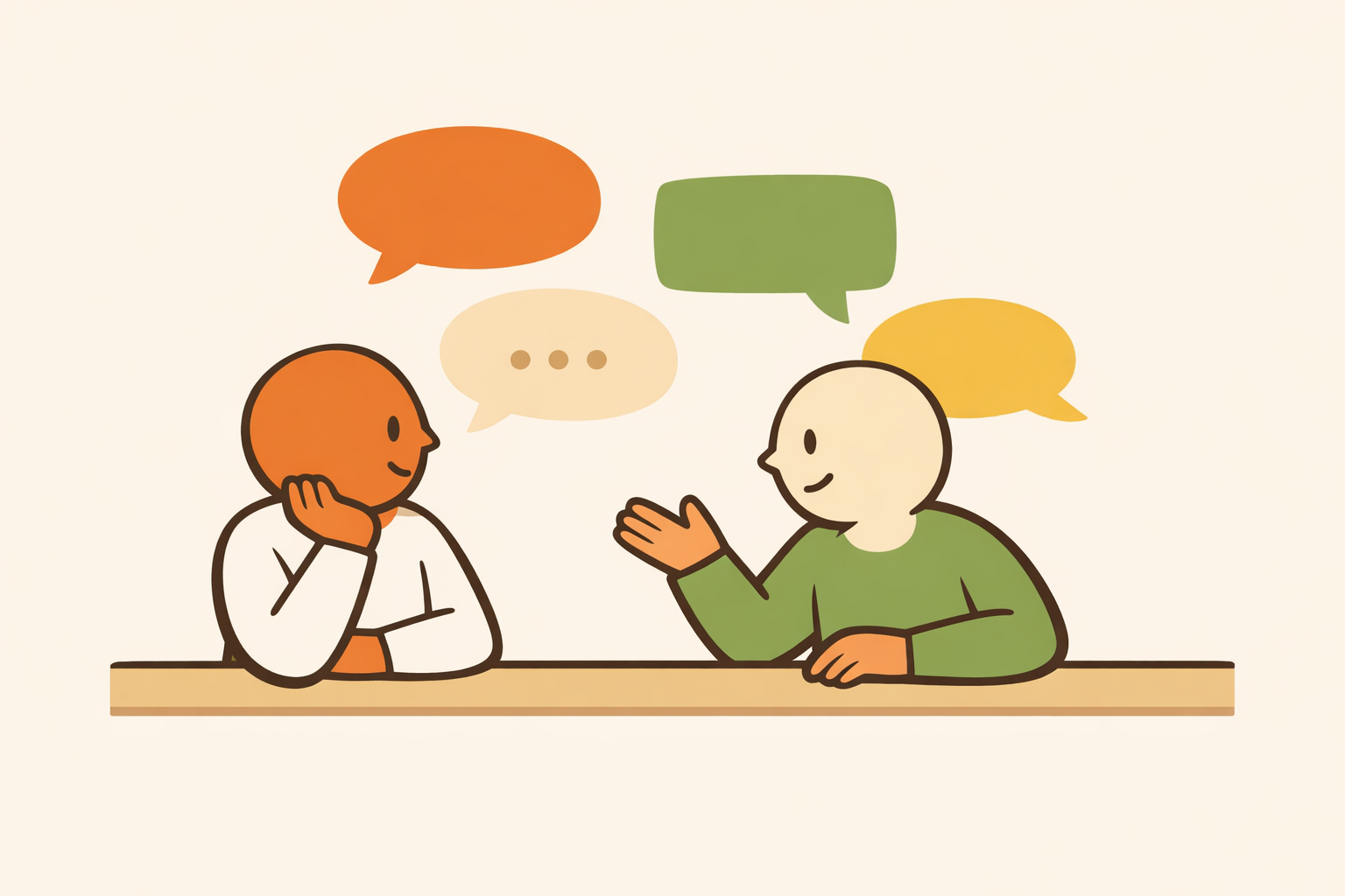 Two figures facing each other with alternating speech bubbles to represent a role-played chat.