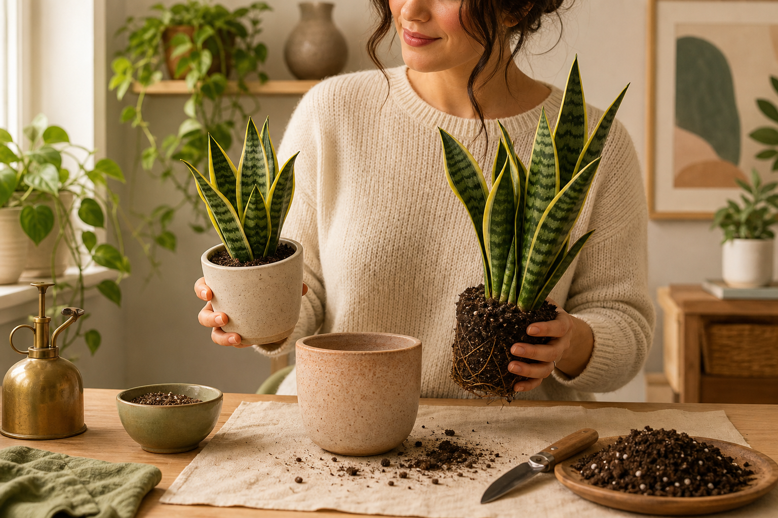 Person holding a newly potted snake plant division above a tidy desk with potting supplies nearby.