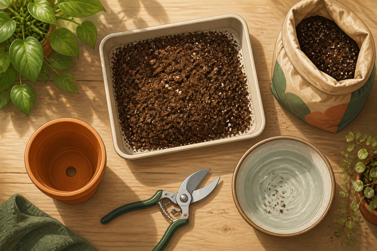 Top-down view of a tidy potting workspace with soil, pot, potting mix, bowl, and pruning shears.