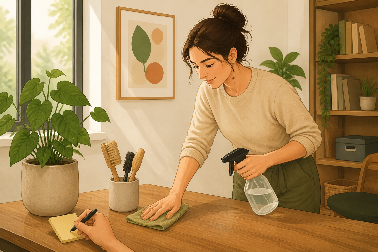 Person cleaning tools beside a potted snake plant and writing the propagation date on a small note.