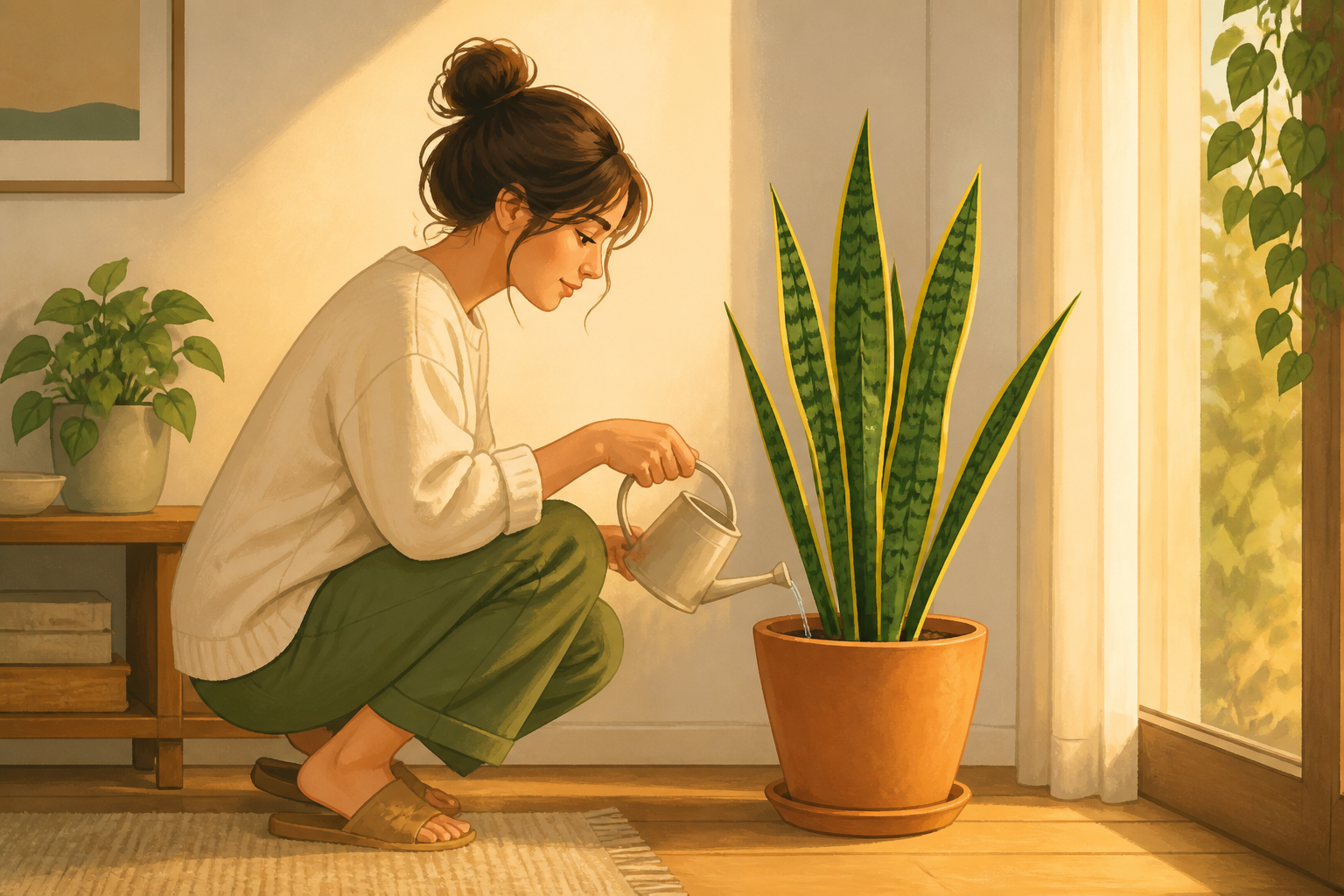 Person lightly watering the base of a snake plant in its pot.