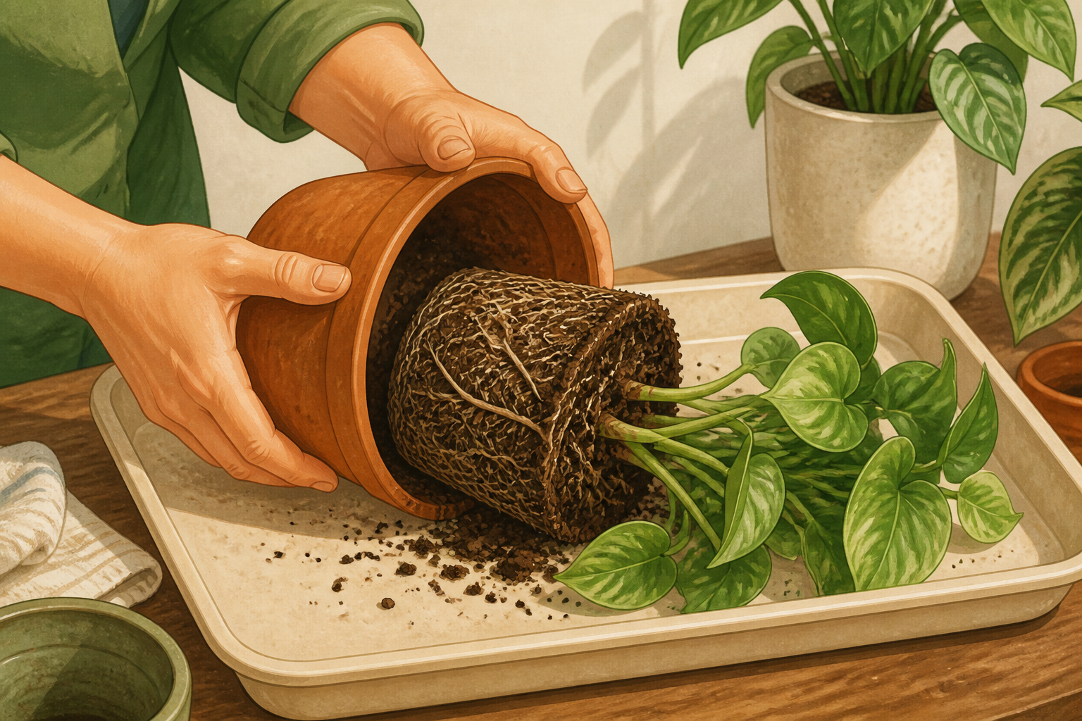 Hands removing a snake plant root ball from its pot onto a tray.